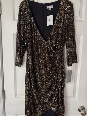 Marc New York Black and Gold Sequin Long Sleeve Wrap-Style Dress